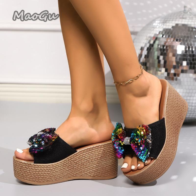 Chunky Platform Colorful Glitter Sandals Women Summer 2026 Super High Heels Big Bowtie Slides Woman Thick Bottom Slippers Shoes