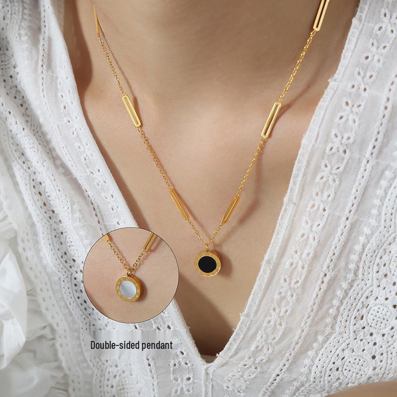 18k Gold Roman Numeral Pendant Necklace: Chinese Retro Style with White Sea Shell and Titanium Steel