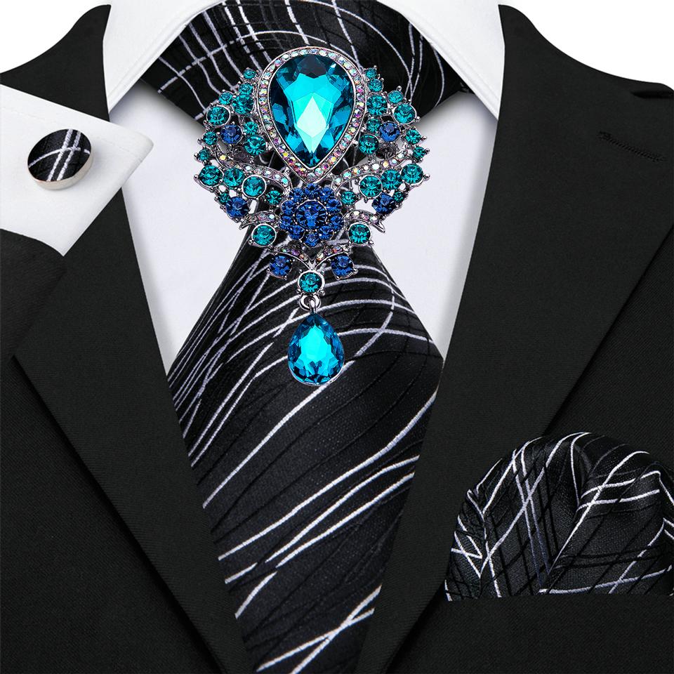 Mens Fashion Black Tie with Brooch Formal Silk Necktie Hanky Cufflink Set