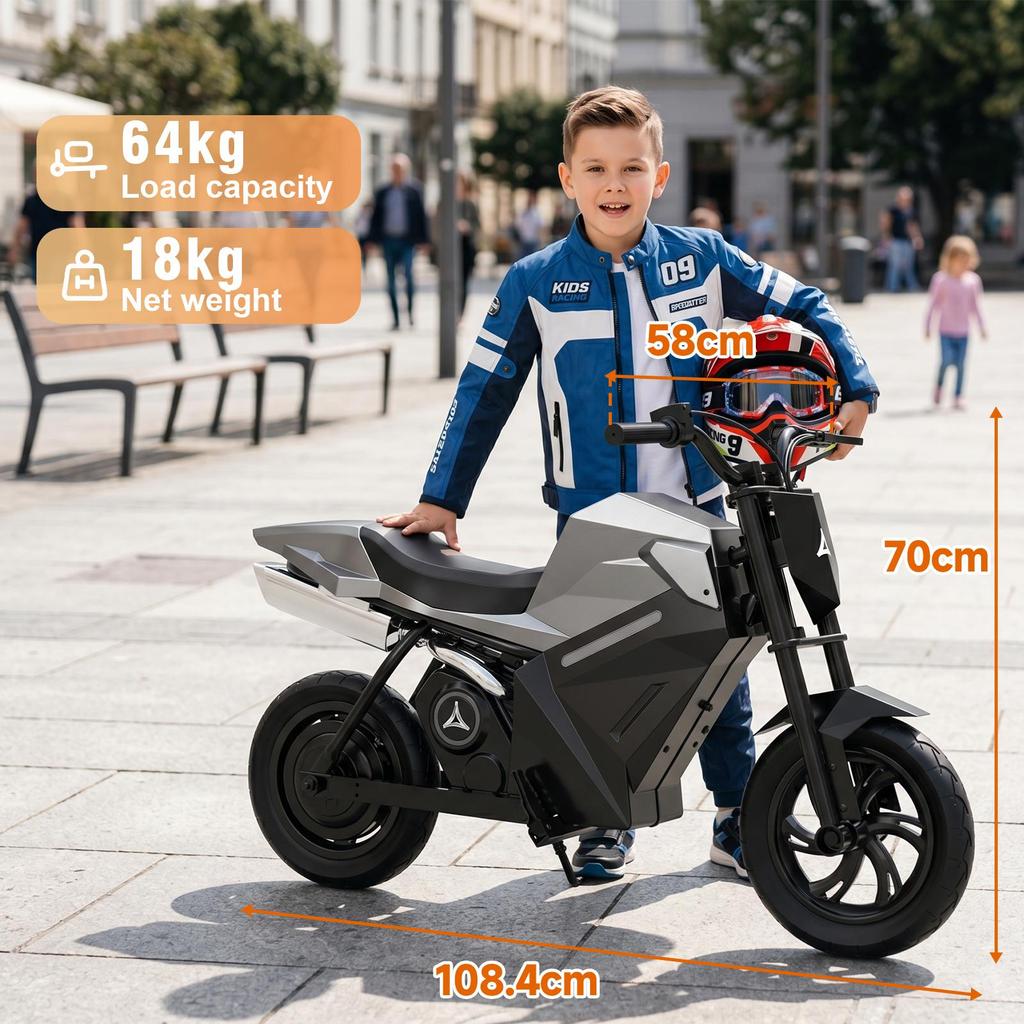 Moto Elettrica per Bambini, Motore 350W, 3 Velocità, Ruote Gonfiabili da 12,5", Batteria Li-Ion 21,6V 4Ah, Autonomia fino a 16KM, per Età 6+