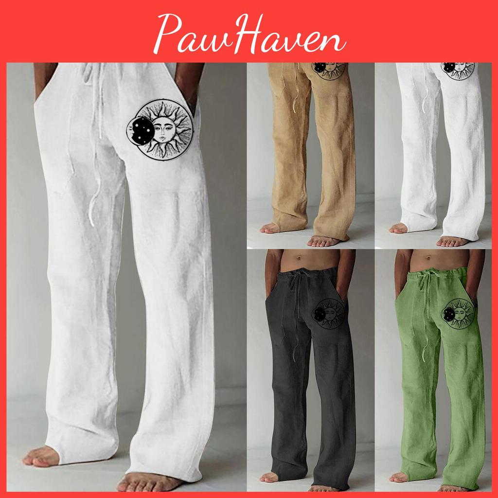Solid Casual Loose Mens Fashion Color Comfortable Trousers Cotton Linen Printed Trousers