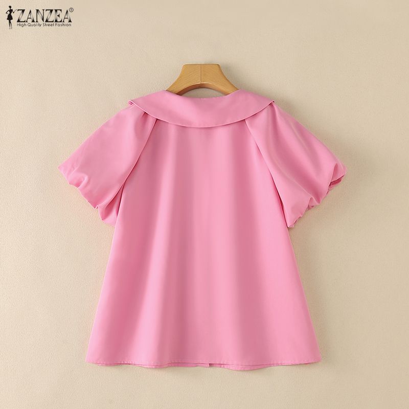 ZANZEA Women Casual Doll Collar Solid Color Short Sleeve Blouse
