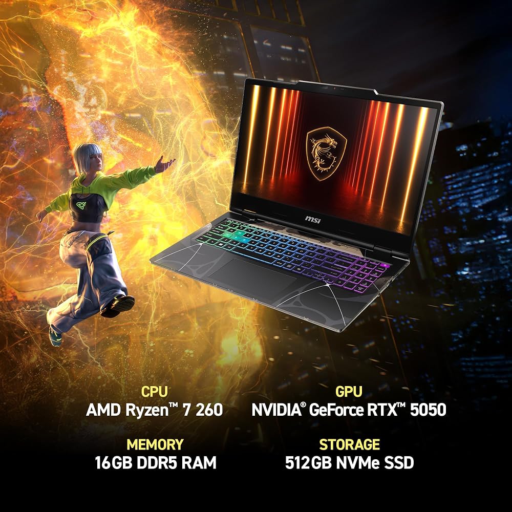 MSI Cyborg A15 AI 15.6-inch FHD 144Hz Thin & Light Gaming Laptop – Ryzen 7 260, GeForce RTX 5050, 16GB DDR5, 1TB SSD, Portable Design, Wi-Fi 6E, Windo
