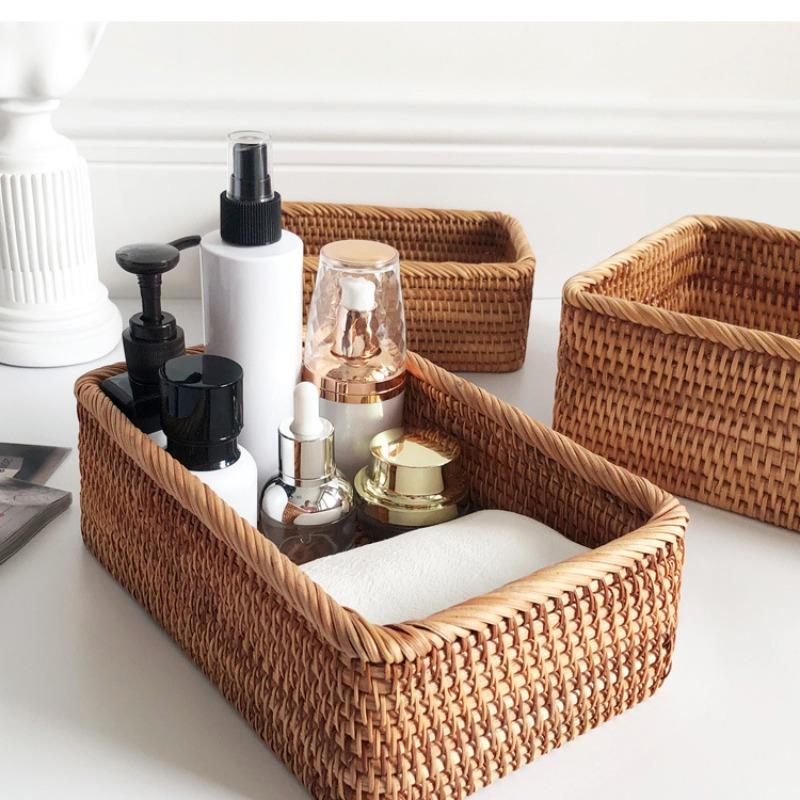 Natural Rattan Storage Baskets, Rectangular Woven Fruit Baskets, Wicker Decoration and Organizer for Bathroom, Living Room