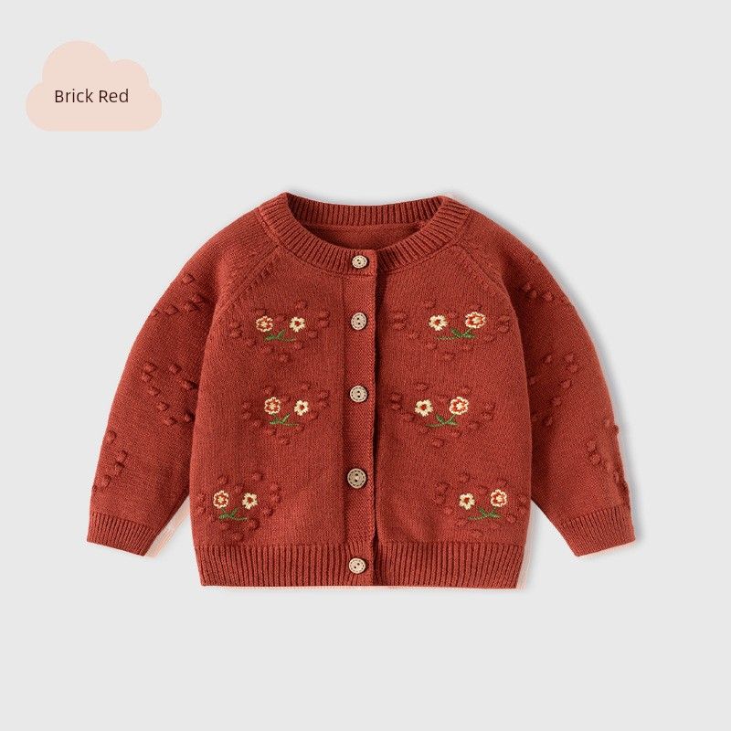Love Embroidered Girls  Sweater New Year s Clothing Autumn and Winter Children s Clothing Kidsren s Cardigan Outwear Baby Girl Long-Sleeved Knitwear Brick Red-Bd946 110 cm