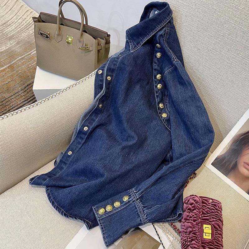 Cămașă de denim retro pentru femei - Stil Hong Kong, Toamnă 2025 Șic franțuzesc