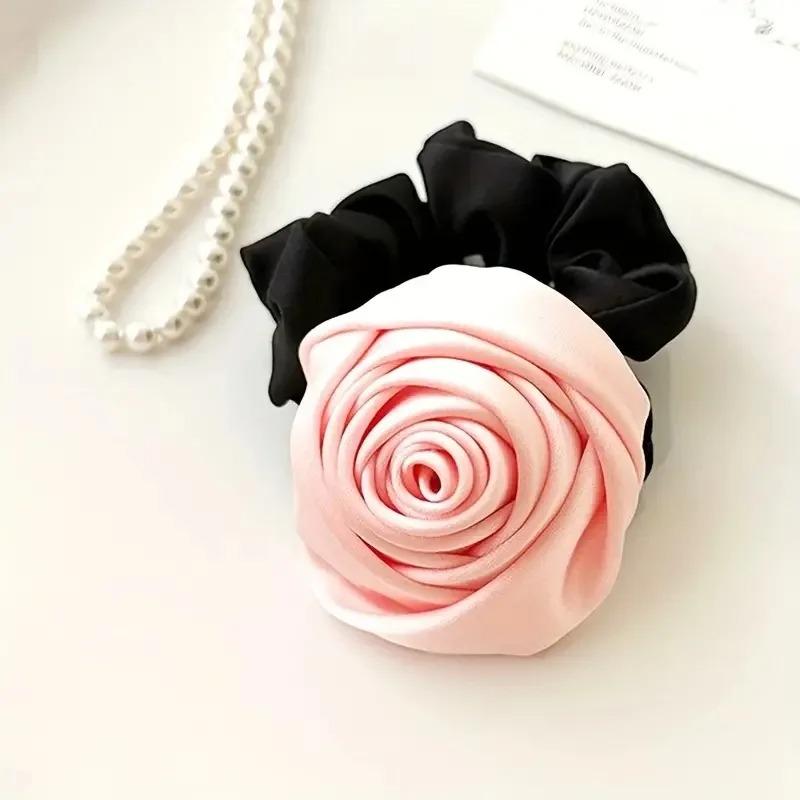 French Stain Rose Flower Elastic Hairbands Women Girls Hair Ropes Ties Flower Hair Scrunchies Ponytail Holder Hair Accessories