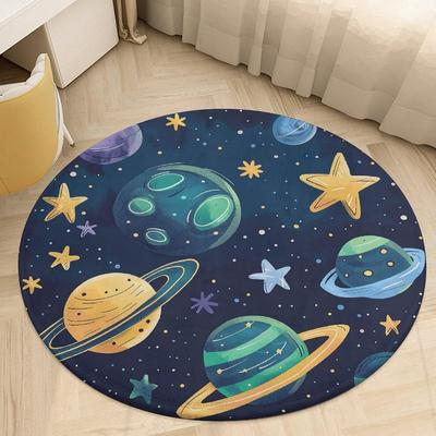 Cartoon Style Space Round Rug Washable Area Rugs Indoor Circle Door Mat Soft Non-Slip Carpet for Living Room Bedroom Dining