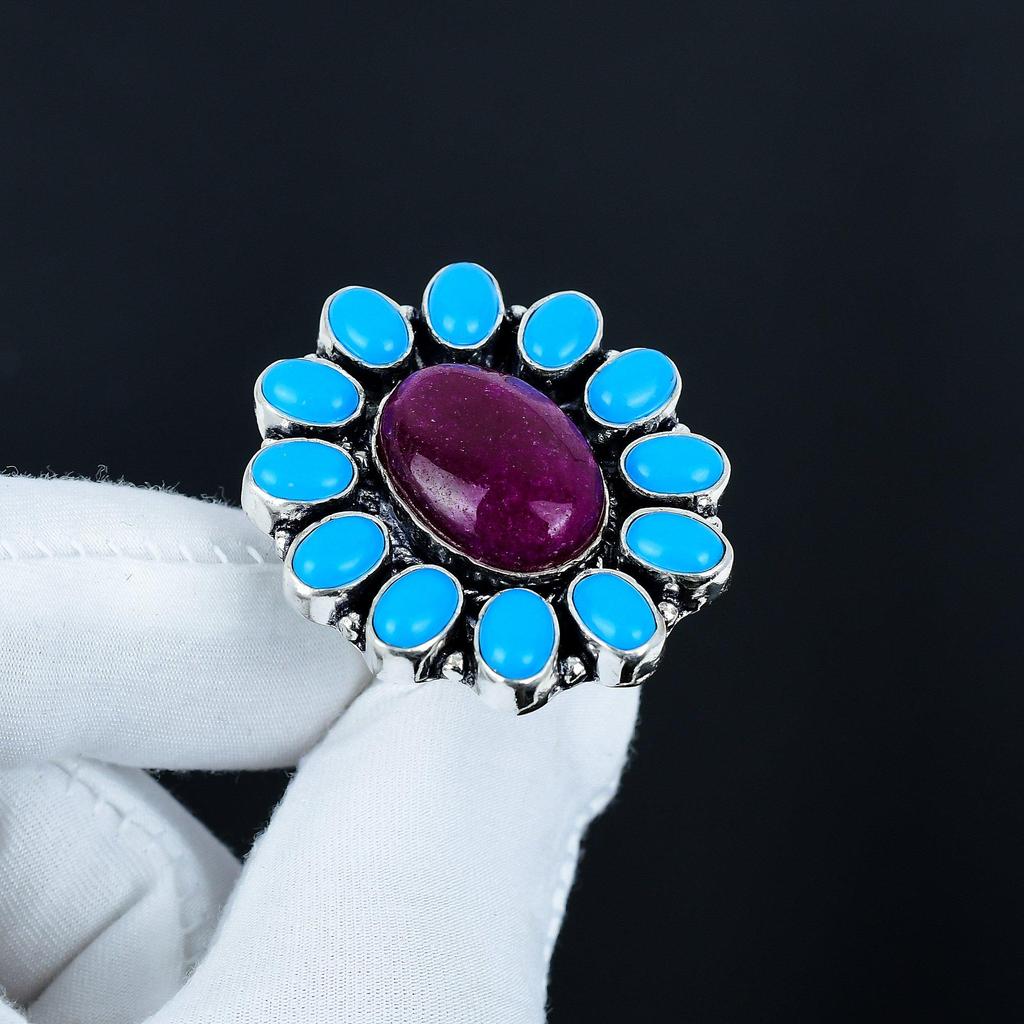 Rubin und schlafender Türkis Edelsteinring, 925 Sterlingsilberring, Geschenk für sie, Ovaler Stein, Eleganter handgefertigter Ring, Blumen-Silberring Geschenk für Ehefrau