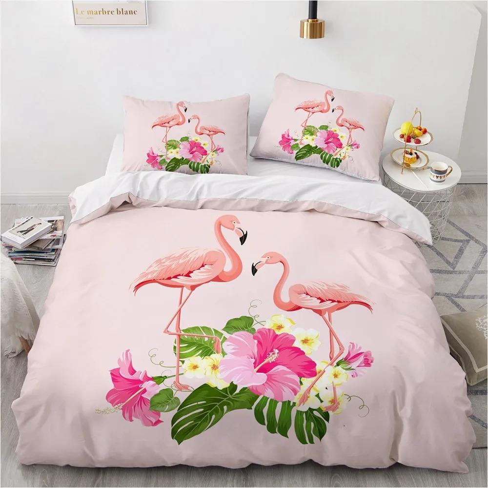 Cartoon Flamingo King Queen Duvet Cover Pink Animal Bedding Set for Boys Teens Adult Wildlife Soft 2/3pcs Quilt Cover Pillowcase