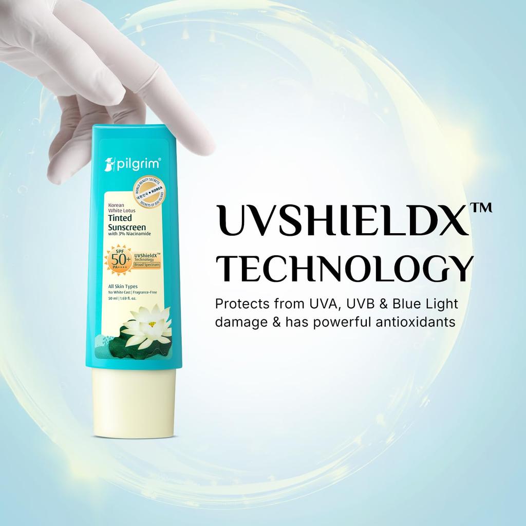 Pilgrim White Lotus Tinted Sunscreen SPF 50+ PA++++ with Niacinamide 50ml Lightweight No White Cast