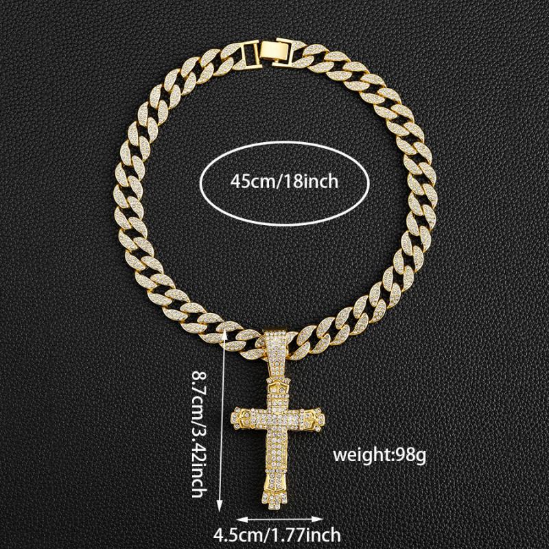 Crystal-Studded Detailed Cross Pendant with Adjustable Cuban Chain - Hip Hop Unisex Alloy Statement Necklace for Men and Women