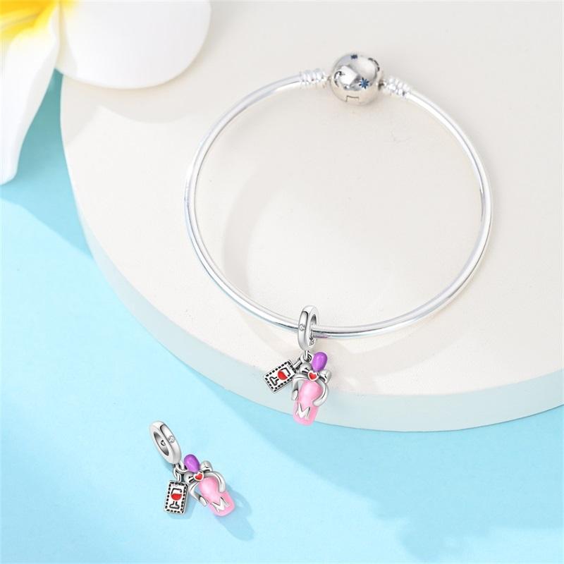 New Original Charms Beads Copper Pink Bow Wine Bottle Slightly Intoxicated Pendants For Woman Romantic Diy Jewelry