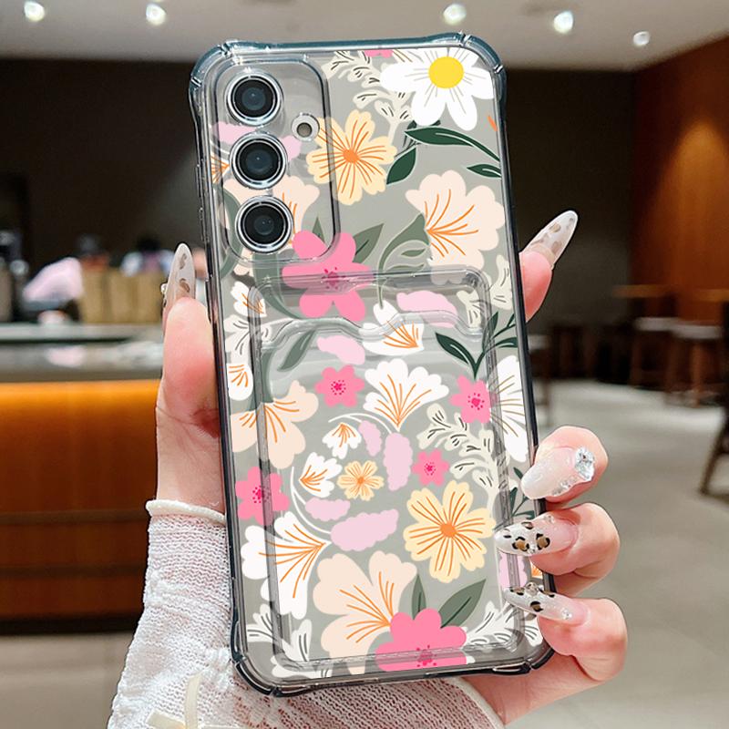 Flower Card Bag Wallet Clear Case For Samsung Galaxy S25 Edge S24 S22 Ultra S23 FE A56 A55 A54 A35 A15 A16 5G Soft  Phone Cover
