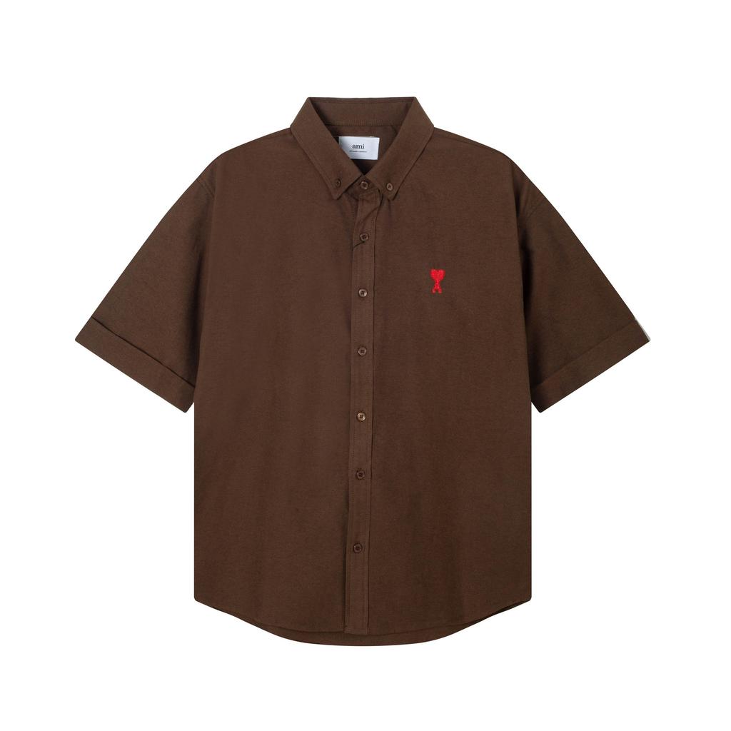 AMI Men's Classic Spring and Autumn Red Heart Embroidered Casual Cotton Solid Color Short Sleeve Shirt On the Chest