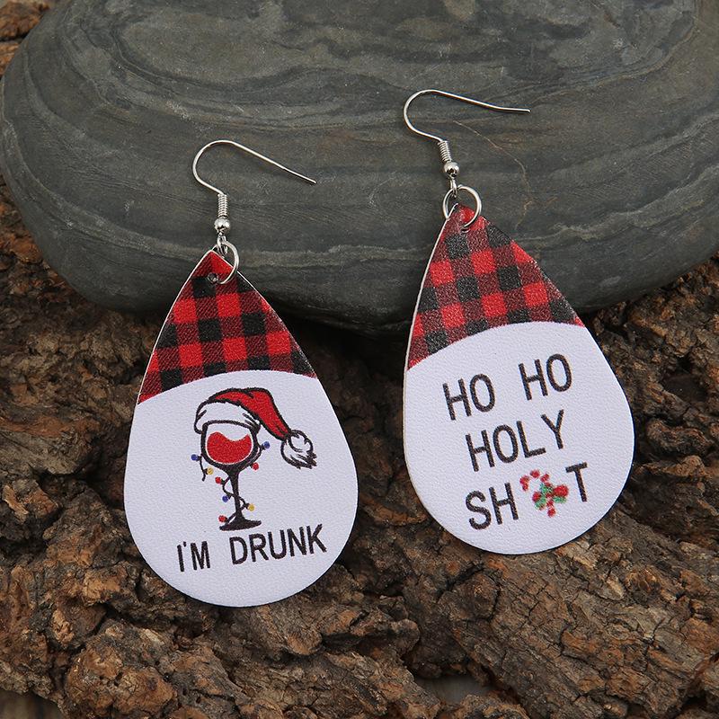 Double-Sided Leather Earrings with Red Plaid Christmas Wine Glass Design