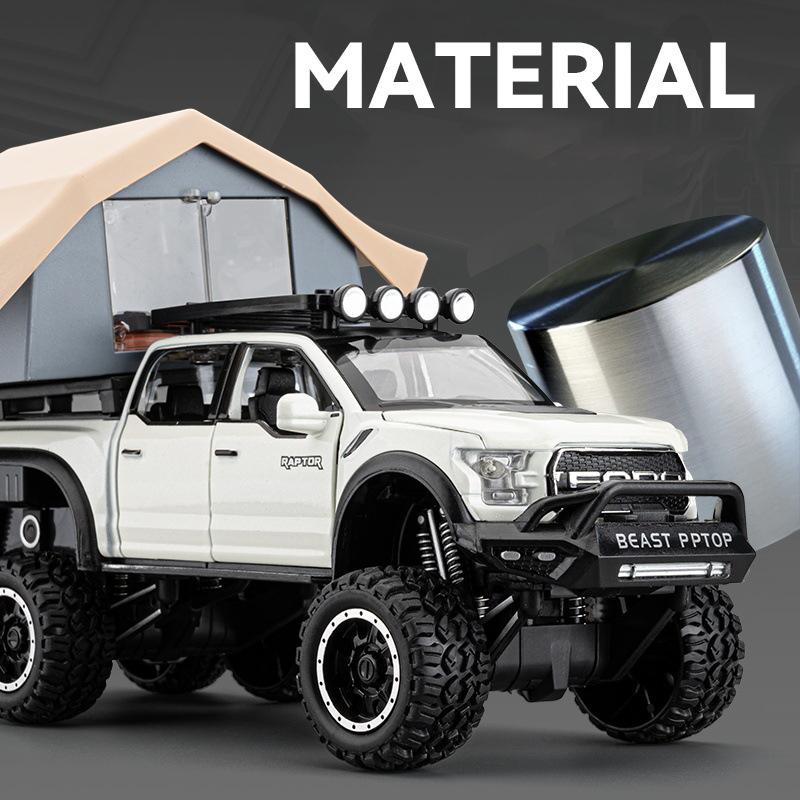 LLI6 1:28 Ford F150 Raptor RV With Tent Alloy Model Car Toy Diecasts Metal Casting Sound and Light Car Toys For Children Vehicle