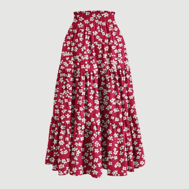 Printed Pocket Spliced Elastic Waist Midi Skirt Women Elegant Commuter Style