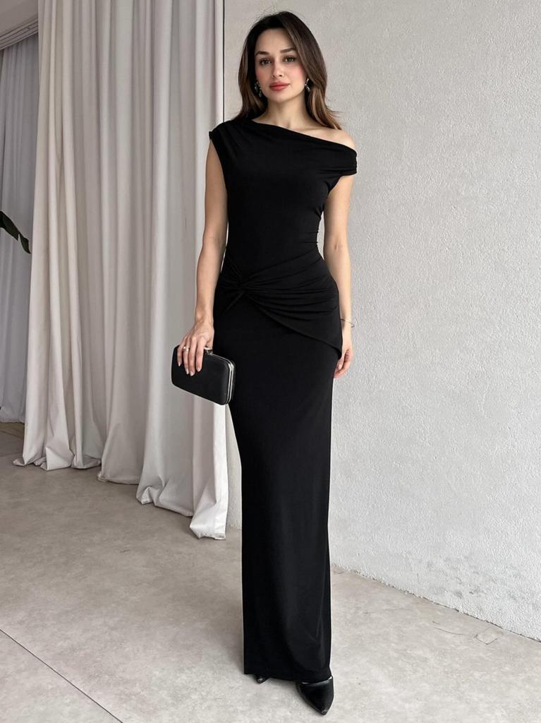 European and American Style Women's Clothing New Summer Simple and Elegant Slanted Shoulder Tight Mid-waist Pleated Split Dress