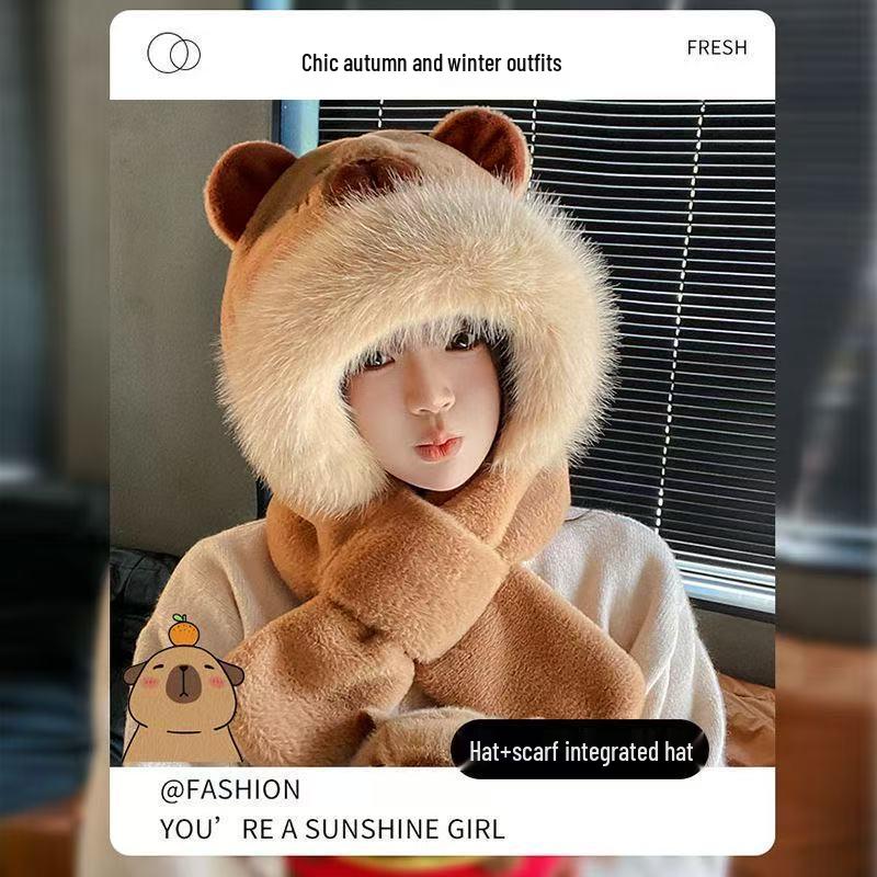 Plush Thickened Winter Hat with Scarf & Ear Protection – Cute Capybara Design for Women & Students