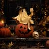 Spooky Witch Figurine Sitting On Pumpkin with Wine Glass and Skull Details for Home Party Decor Gift & Home