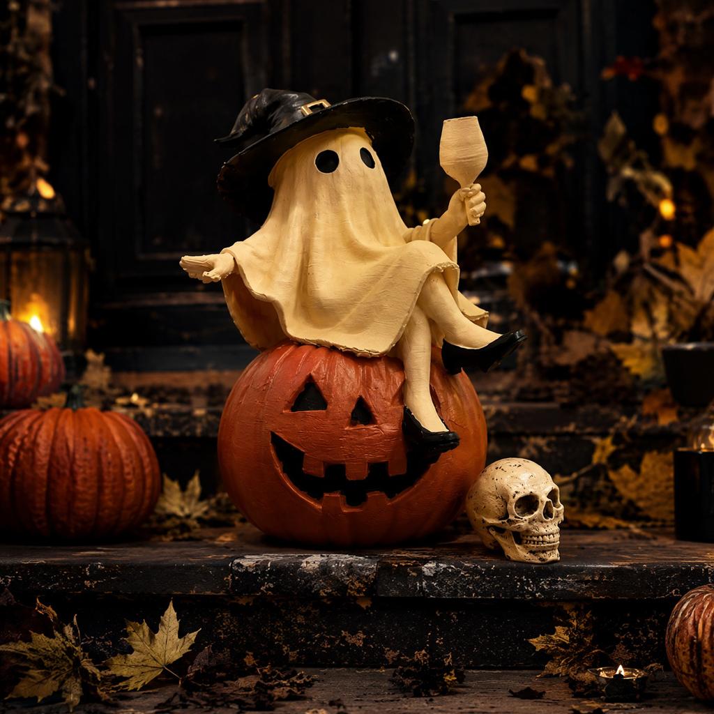 Spooky Witch Figurine Sitting On Pumpkin with Wine Glass and Skull Details for Home Party Decor Gift & Home