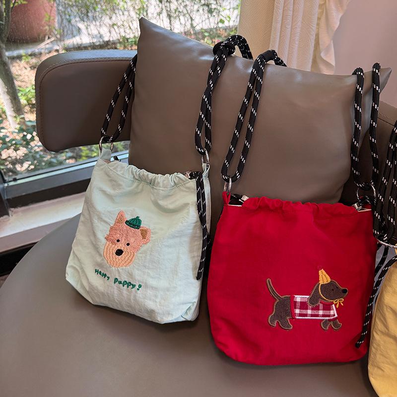Cute Embroidery Women'S Drawstring Shoulder Bag Cartoon College Girls Book Tote Shopping Bags Large Capacity Female Handbags