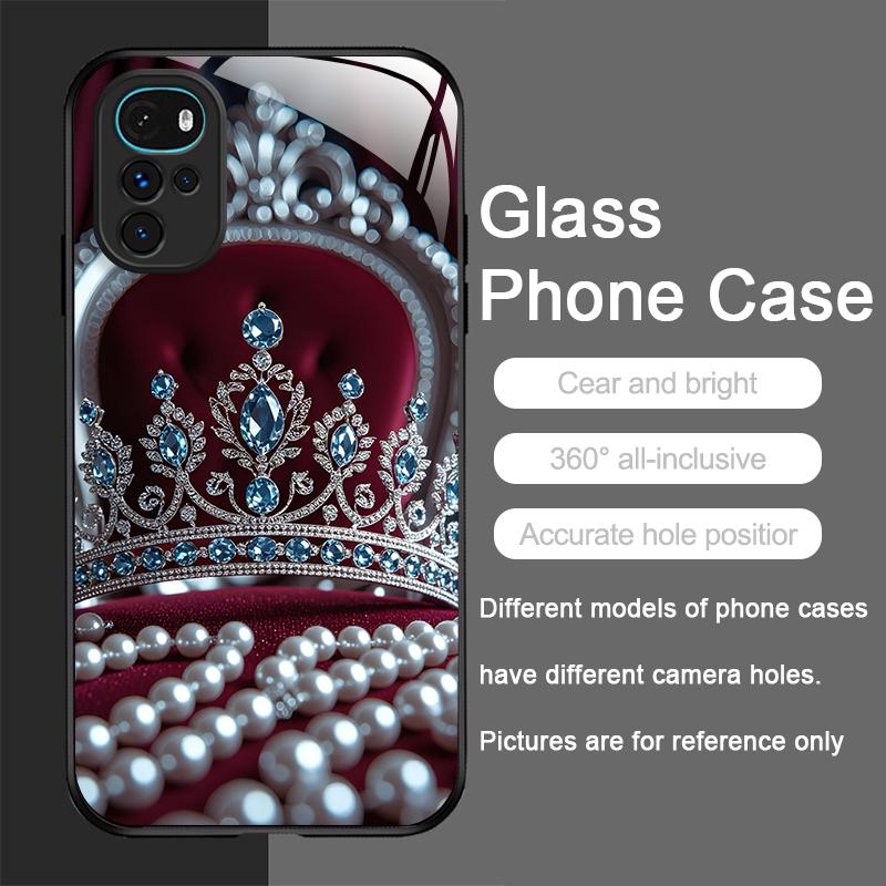 Luxury Crown Jewelry Flower Pattern Tempered Glass Phone Case for Motorola Moto G85 G84 G75 Edge 50 Fusion 40 Neo 30Pro 5G Cover