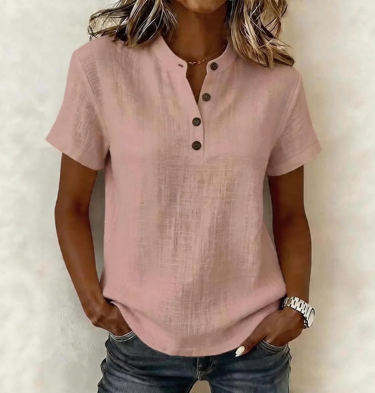 Damen Stehkragen Henley Kurzarm T-Shirt Lockerer Schnitt Unifarben Texturiert Leinenmischung Freizeitbluse 2XL rosa