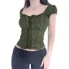 Summer Retro Lace Trim Crop Tops Women Short Sleeve Tie Front Slim Fit Basic T Shirt Party Streetwear