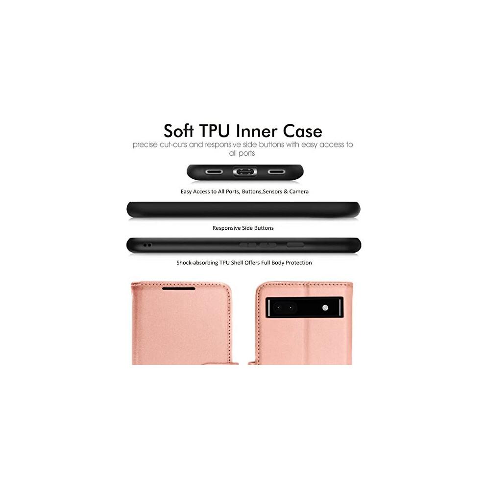 (Rose Gold) Pixel 6a Wallet Case, Flip Protective Cover with Card Holder, Stand and Wrist Strap - PU Leather with Magnetic Closure For Google Pixel 6a