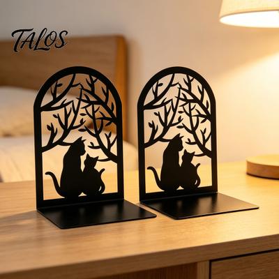 Metal Bookend 1 Pair Cat Book Ends, Cute Bookends for Shelves, Decorative Heavy Duty Support Stopper Home Office Desk Bookshelf Decor Desktop