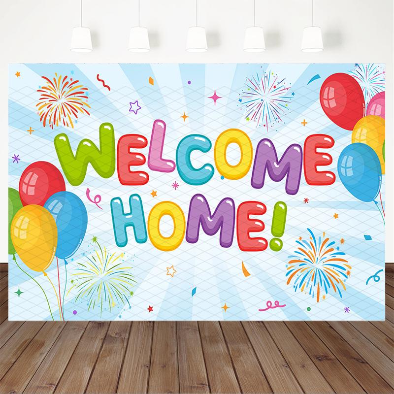Mocsicka Welcome Home Backdrop Light Blue Radial Stripe Colorful Balloons Photography Background Family Party Celebration Banner
