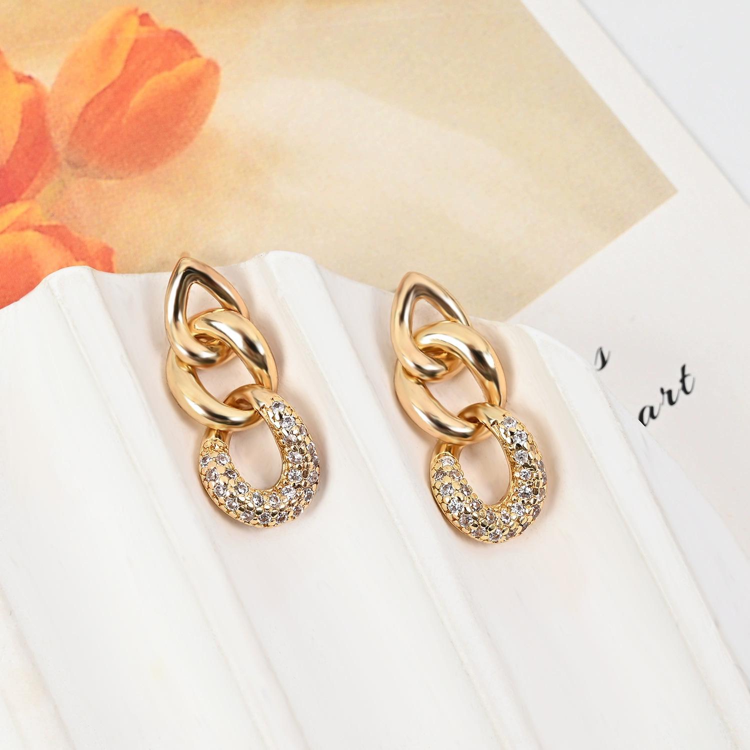 S925 Silver Needle Geometric Chain Earrings with Micro-Inlaid Zircon