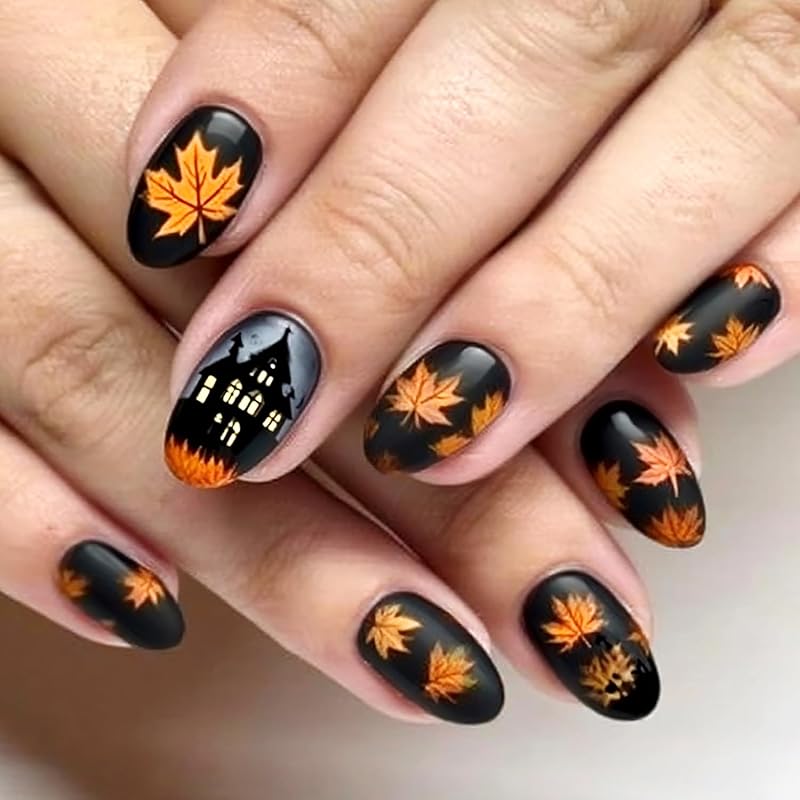 Fall Leaf Press On Nails Thanksgiving Fake Nails with Rhinestones Design Long Almond Autumn Acrylic Nail Glossy Maple Leaves Glue On Nail for Women