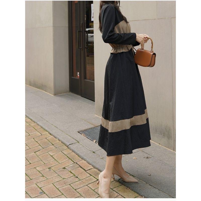 Plus Size Chubby Girl Spring and Autumn Round Neck Color Matching Shoelace Tight Waist Fake Two-Piece Long Sleeve Mid Length Long Length Dress Dress