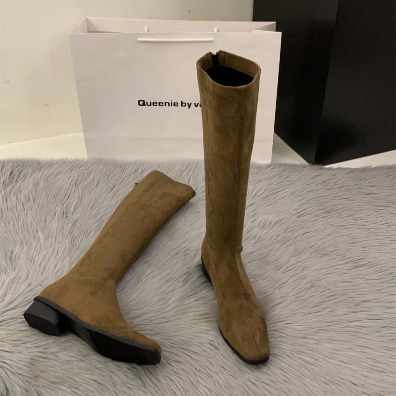 Quality Women Boots Luxury Suede Casual Boots Designer Square Head Slim Long Booties Vintage Women Knee High Boots Bottes Femmes