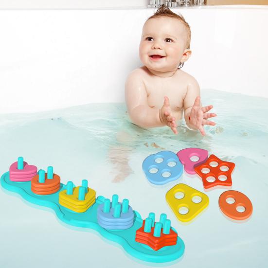 Baby Bath Toys 20 Textured Floating Pieces Stacking Bath Toy Silicone Color & Shape Sorter for Toddler Bathtub Learning