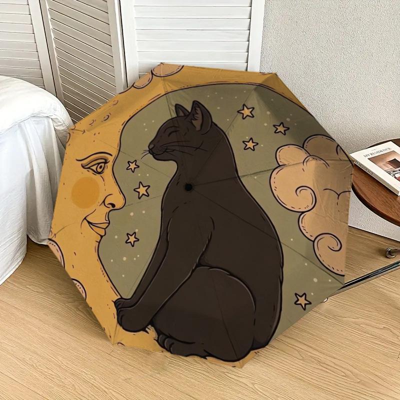 1pc Moonlit Cat Dreamscape Umbrella with Plastic Handle,Suitable for All Seasons Home Travel Outdoor UmbrellaDD873