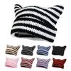 Autumn-Winter Striped Woolen Hat with Cute Cat Ears - Fashionable, Versatile Devil Design.