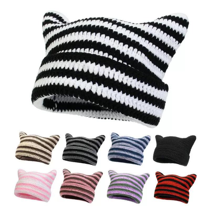 Autumn-Winter Striped Woolen Hat with Cute Cat Ears - Fashionable, Versatile Devil Design.