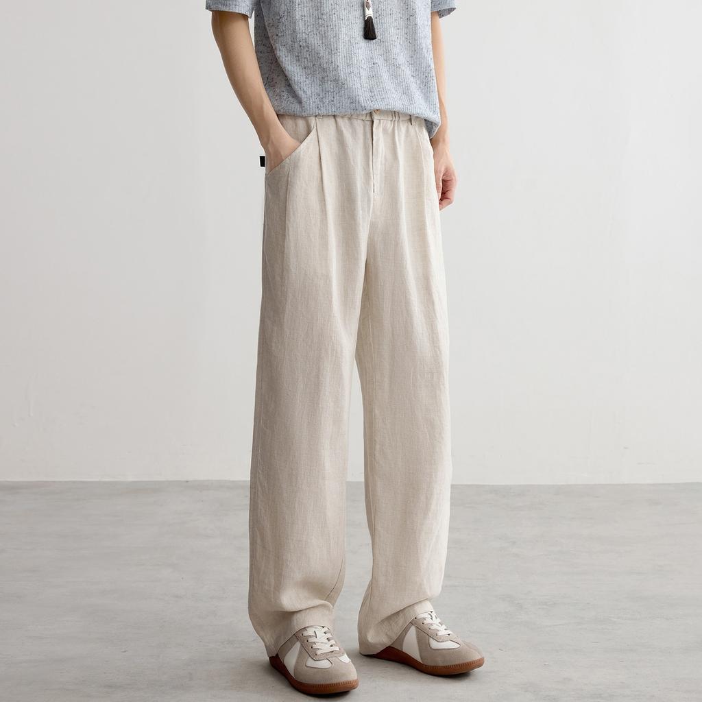 New trendy brand cotton and linen casual pants men's summer loose and versatile straight trousers men's