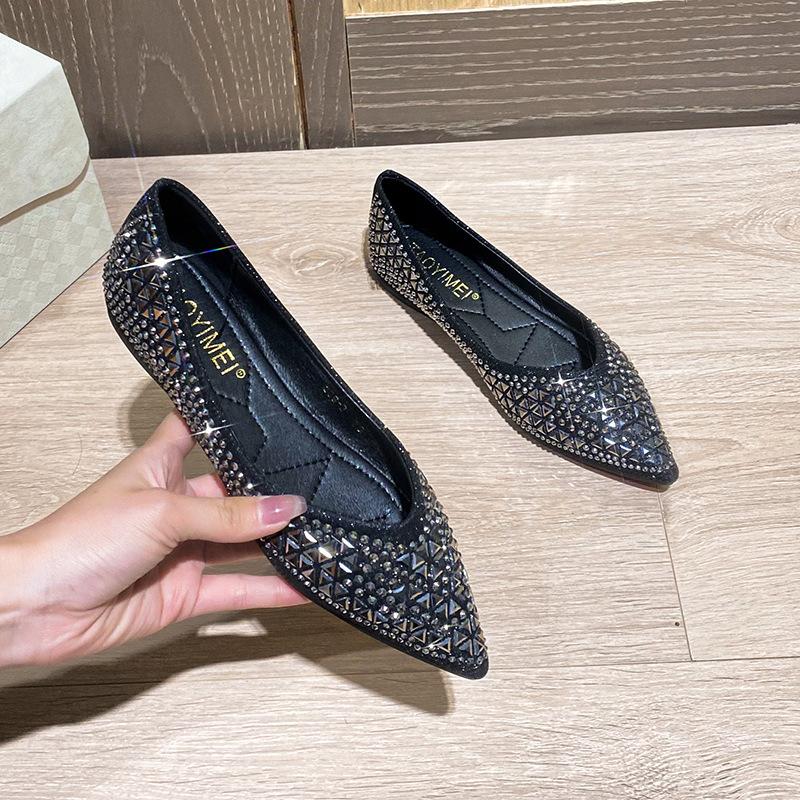 Pointed flat-soled single shoes women's 2025 summer new shallow mouth rhinestone temperament versatile soft surface height increase comfortable wom
