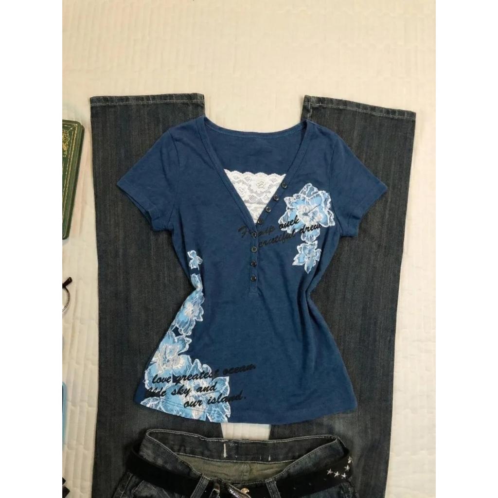 TrendHub Women American Vintage Flower Print T-shirt Summer Grunge Retro Slim Fit Tees Y2K Harajuku Grunge Short Sleeve Hot Girl Tops New