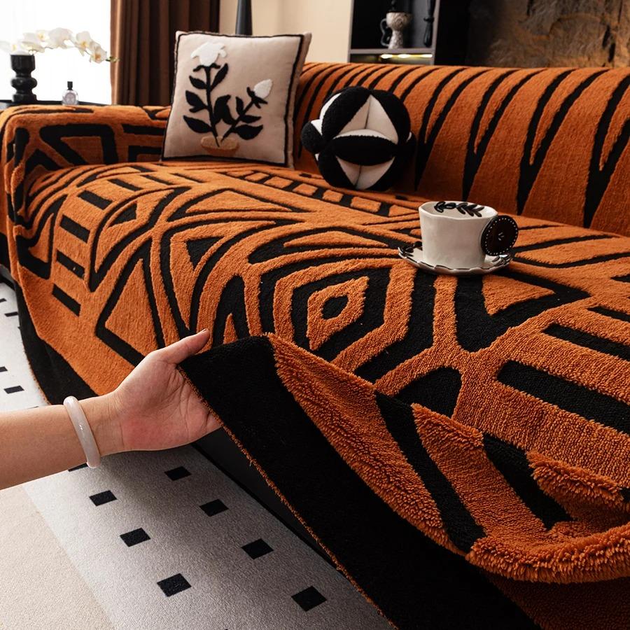 1pc Bohemian Jacquard Warm Tuffed Fleece Sofa Towel, Boho Style Soft Leiusre Thick Blanket for Living Room Couch Sofa Cover