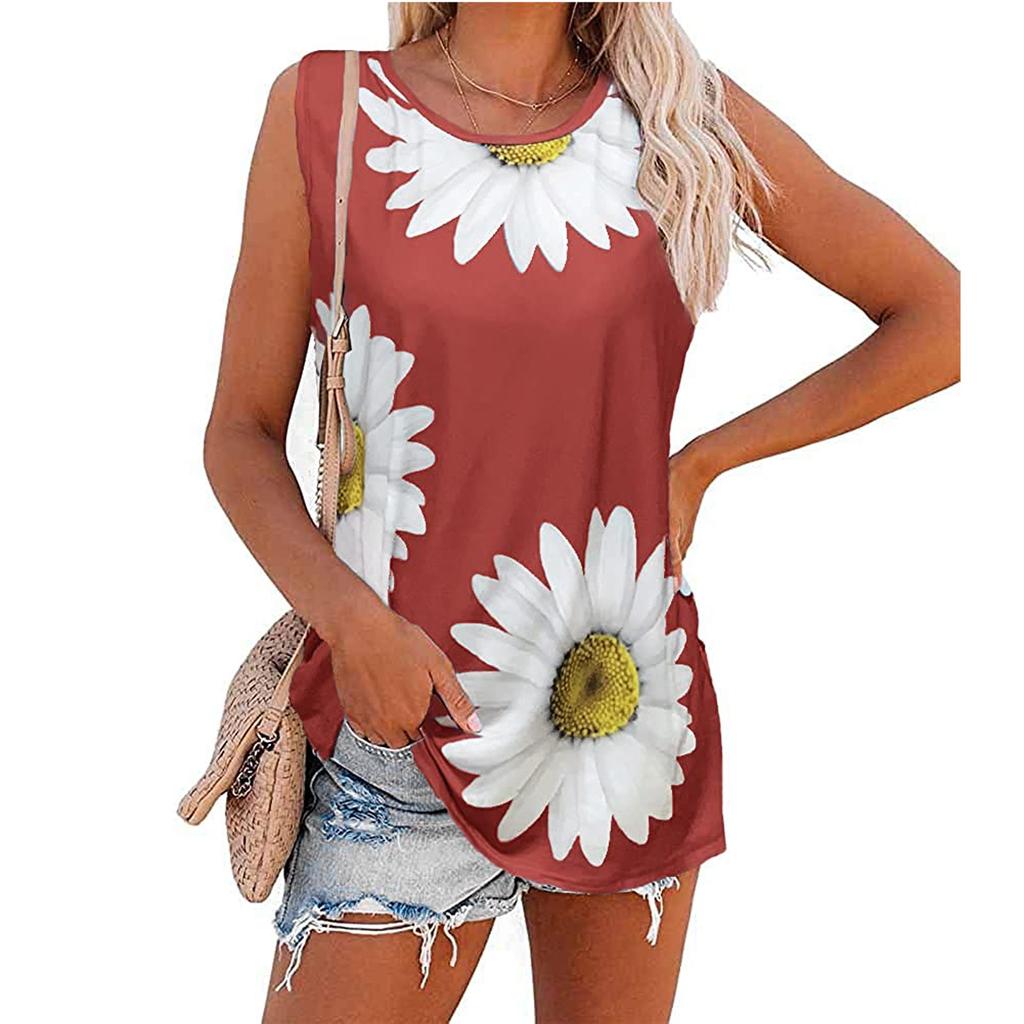 Women's Printed Tank Top Casual Loose Chrysanthemum Sleeveless Round Neck Top