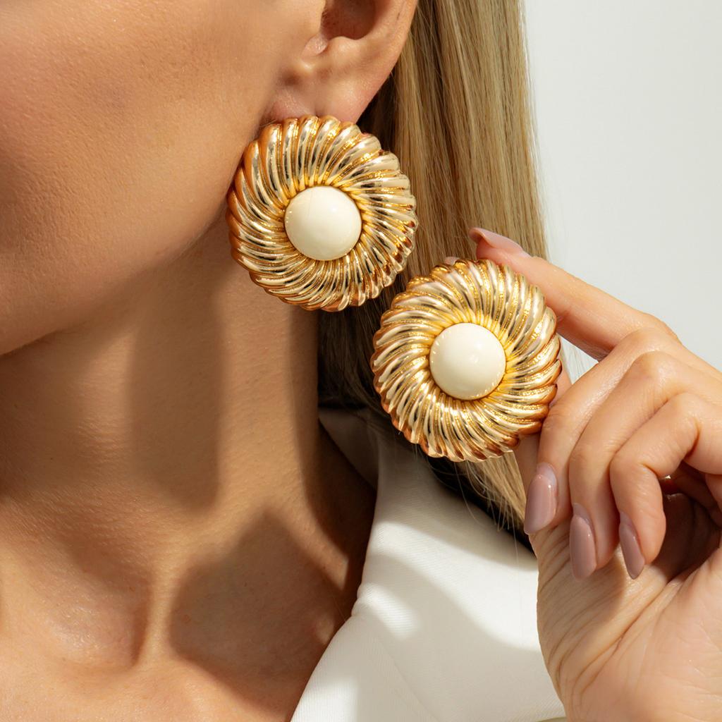 Exaggerated Style Metal Thread Round Stud Earrings, Retro Inlay Smudged Resin Gem Earrings Women
