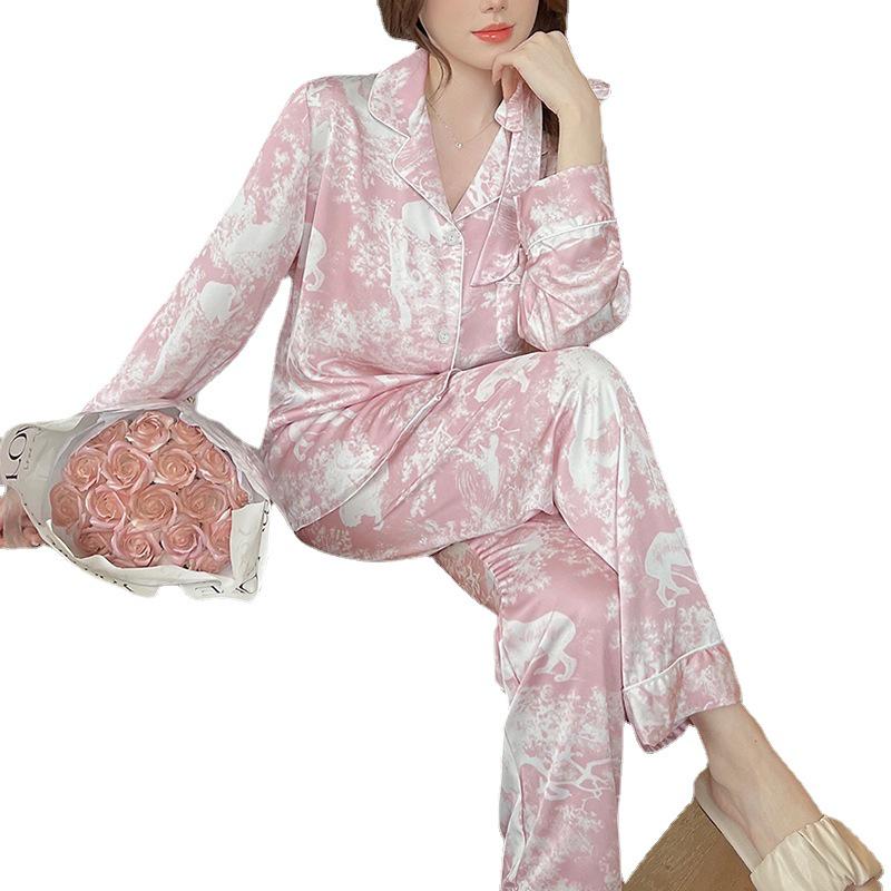 Stay-at-Home Loose Spring/Summer Ice Silk Pajamas: Long Sleeve Loungewear Set with Exquisite Texture