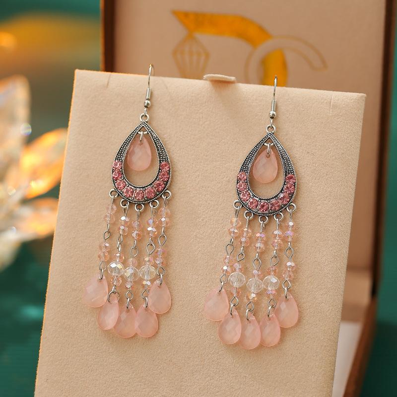 

Vintage Vacation Style Water Drop Earrings for Women Boho Long Multilayer Crystal Rhinestone Dangle Earring Party Daily Jewelry рожевий