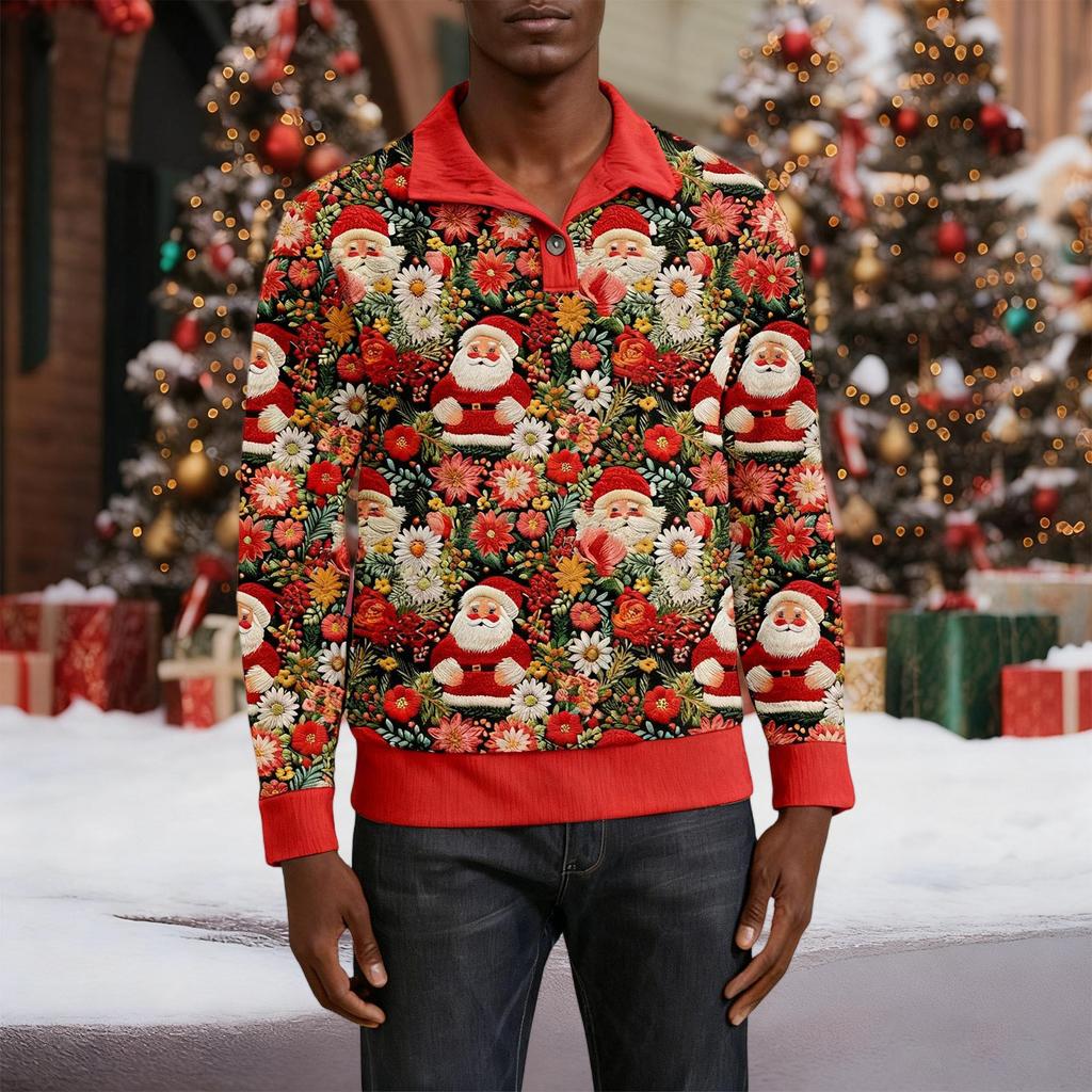 Erkek Noel Pamuklu Kazak Uzun Kollu Dış Giyim Gömleği Vintage Kadife Düğmeli Dik Yaka Gömlek Günlük Sweatshirt Noel Baskılı Üst